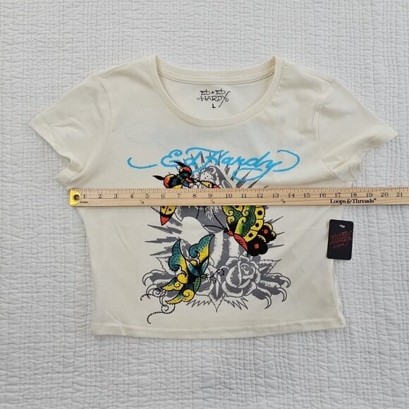 Ed Hardy Crop Tee Women's Large Rhinestone Butterfly Top NWT Logo Art Piece NEW - Picture 9 of 12